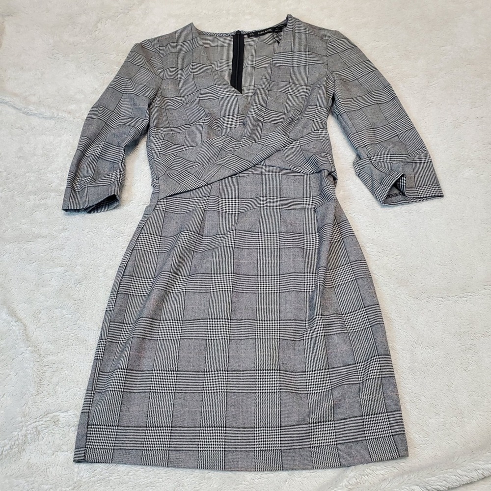 NWT Zara Black White Houndstooth Plaid Office Academia‎ 1/2 Sleeve Midi Dress XS